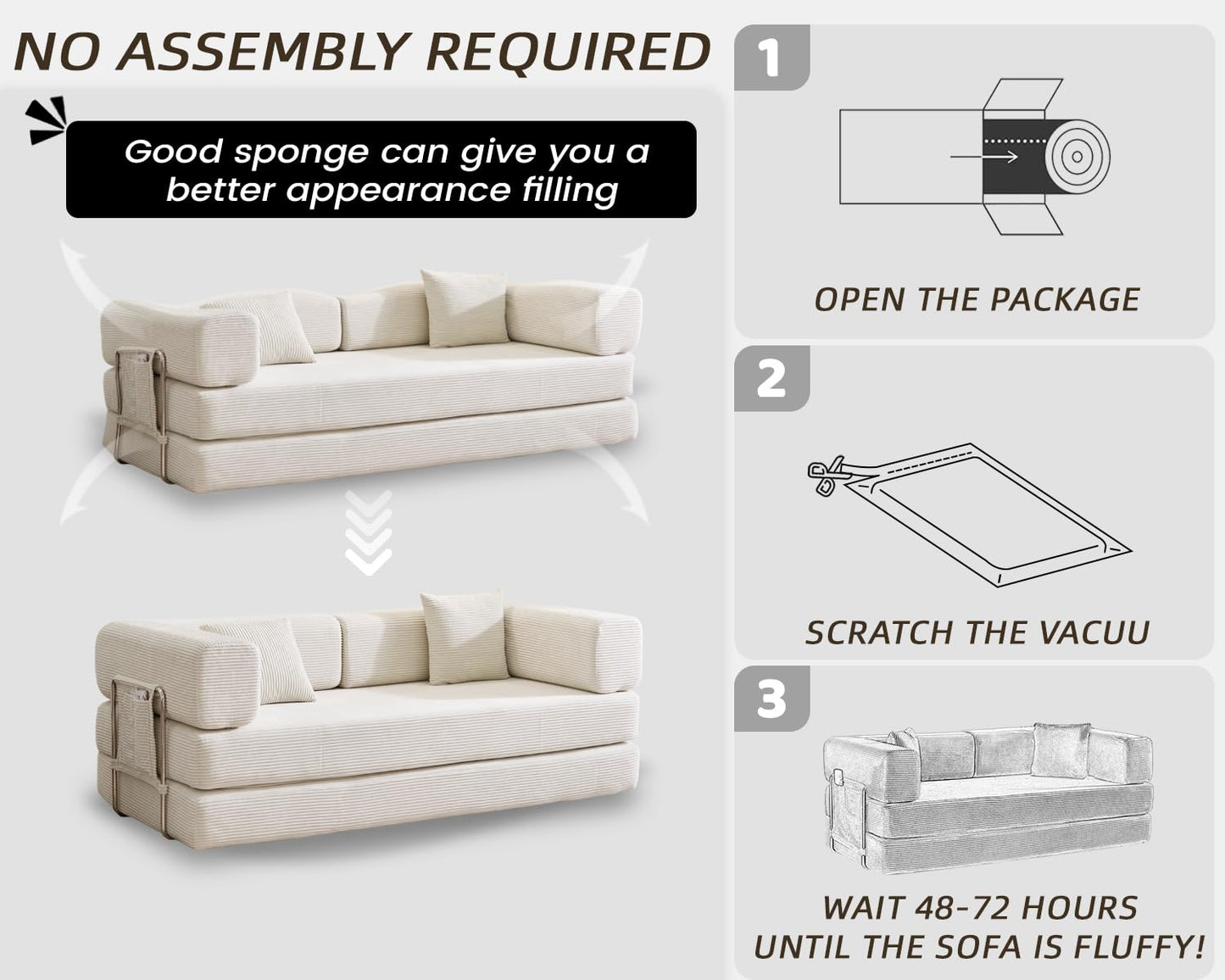 GEARIVY Folding Sofa Bed Convertable Corduroy Couch King Size Floor Sleeper 4-in-1 DIY Combination Modular Sofa Fold Out Futon Lounge Comfy Foldable Lazy cama for Living Room (Beige, 80.15'')