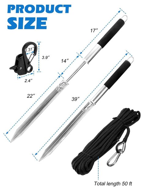 Venussar 39'' Sand Spike Boat Anchor Pole, with Stainless Steel Boat Anchor Hook and Boat Anchor Line 50ft, for Shallow Water Shore, Beach, Sandbar