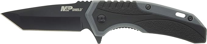 Smith & Wesson M&P Shield 6.8in Stainless Steel Assisted Opening Knife with 2.8in Tanto Blade and Rubberized Handle for Ou...