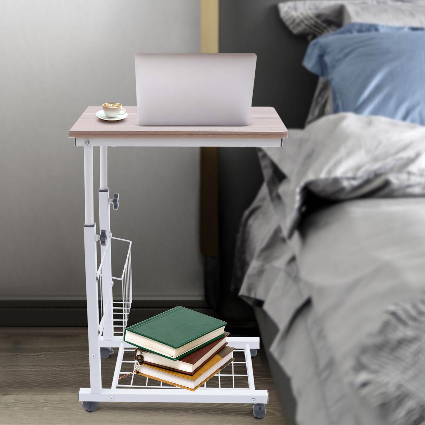 UIdili Height Adjustable Sofa Side Table with Wheels, Removable Storage Basket and Shelf, Portable End Table Couch Table with Locking Casters, Antique Oak Mobile Desk for Living Room, Bedroom