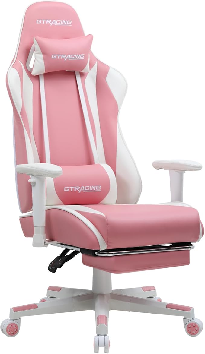 GTPLAYER Gaming Chair with Footrest, Ergonomic Computer Game Desk Chair, Reclining Game Chair Seat Height Adjustment, Swivel Rocker with Headrest and Lumbar (Pink)