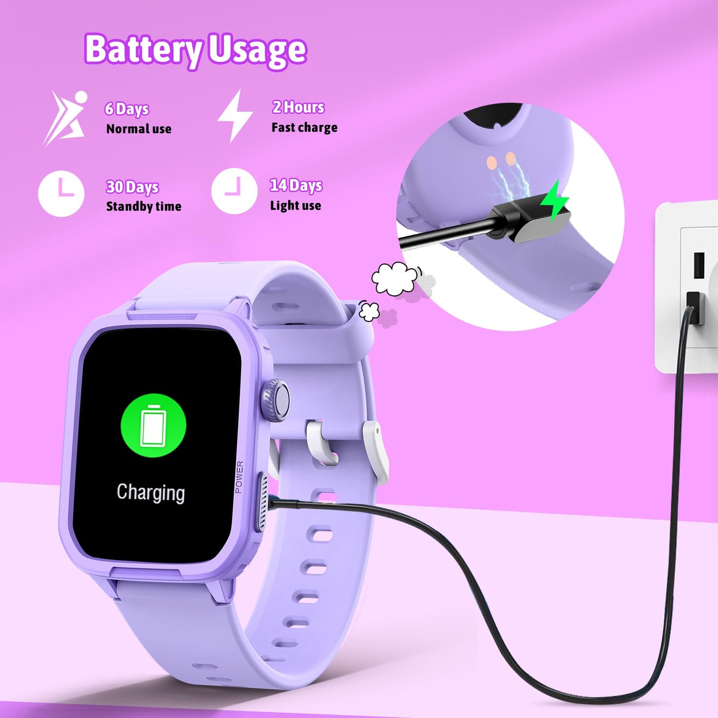 Smart Watch for Kids No Phone Needed, Tempered Glass Fitness Tracker Watch Boy Girl Teens with 19 Sport Modes, Pedometer, Sleep Monitor, Kids Watch Birthday Gifts Toy Gift for Girls Boys 6-16 (Purple)