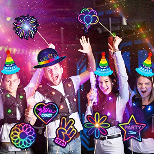 25pcs Glow Neon Photo Booth Props with Stick, Photo Props for Birthday Let's Glow Themed Neon Glow in The Dark Disco Black...