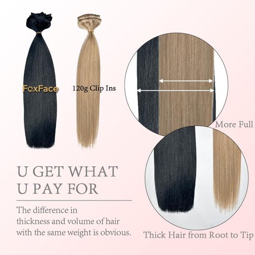 FoxFace Clip in Hair Extensions Real Human Hair, Thick Extensions from Root to Tip, Natural Hair Clip Ins, Dark Brown, 22 Inch 120g 7Pcs