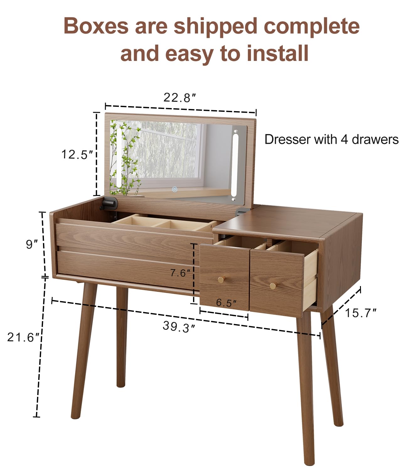 KungFuWood Wood Vanity Desk with Mirror and Lights, Dressing Vanity Table Vanity Set 4 Drawers, 40 Inch Large Make Up Vanity Table Wooden with 3 Lighting Modes Log Color (with Adapter)