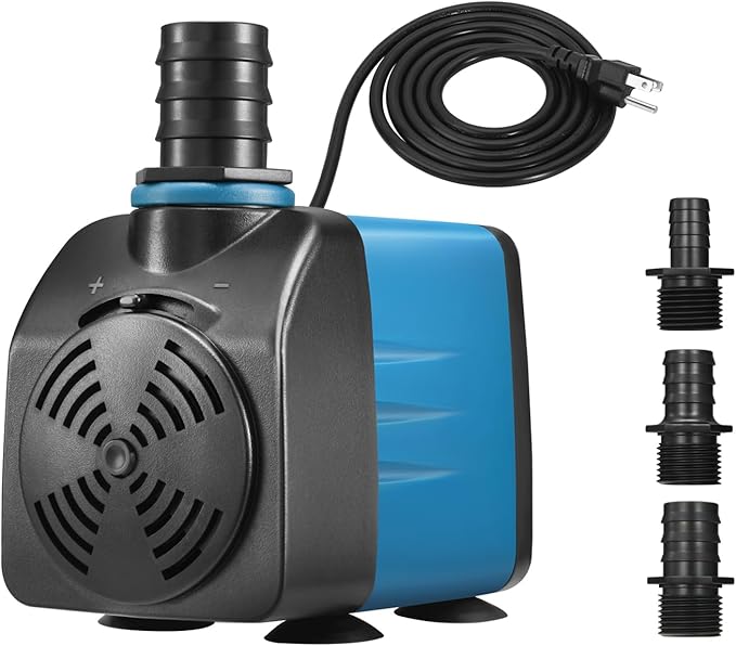 TONGCHANT 480GPH Adjustable Flow Fountain Pump with 3 Nozzles (1/2", 5/8", 3/4"), 10ft High Lift, 35W Ultra-Quiet Submersi...