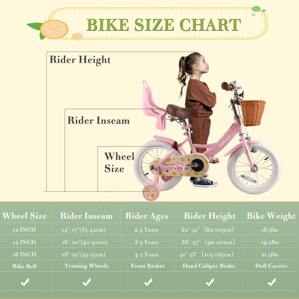 RULLY Lemon Kids Bike 12 Inch Bicycle for Girls Ages 2 3 4 Years, Training Wheels Included, Girl Bikes with Basket & Doll Seat,Pink