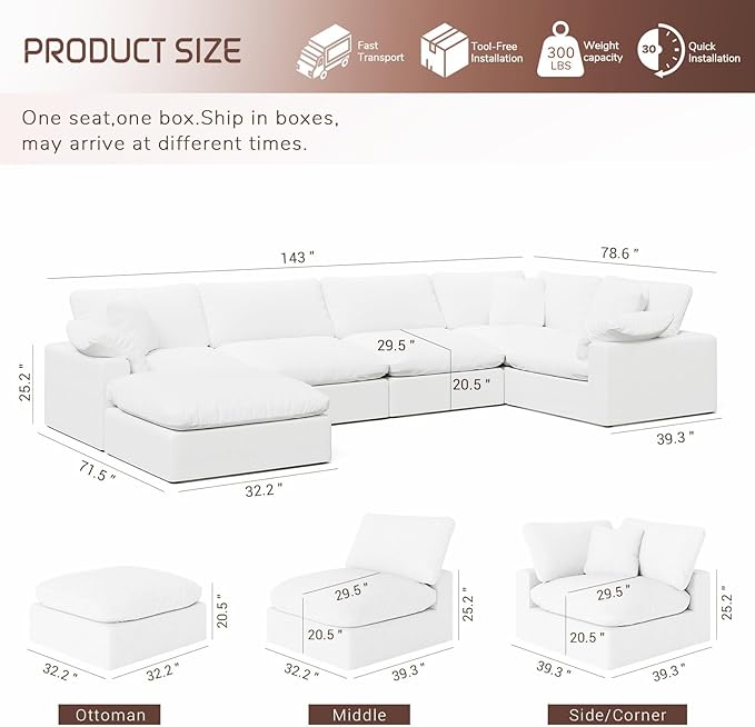 Intuition Decor 221.6" Oversized Cloud Modular Sectional Sofa,6 Seat Down Filled Sofa,Comfy Deep Seat Couch with Reversible Chaise & Cushions,Couch Cover Washable and Replaceable,White