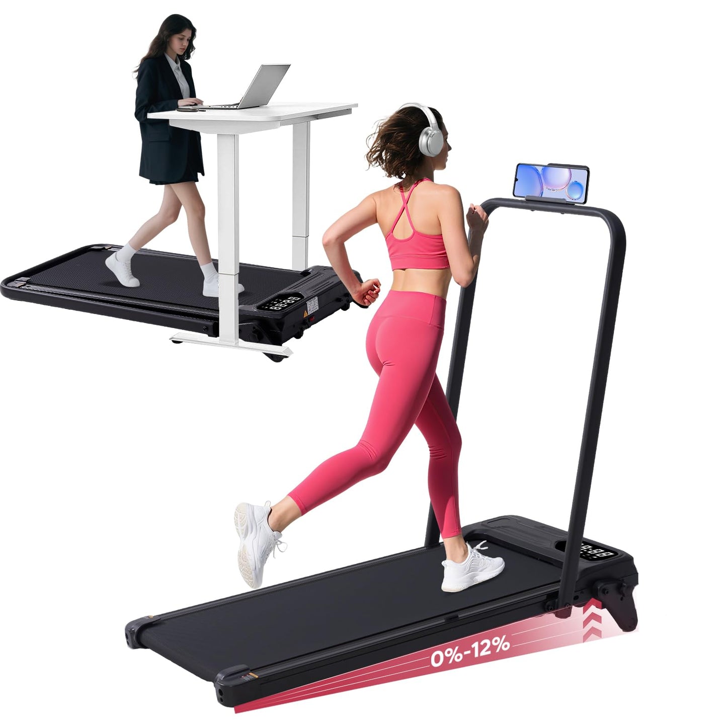 Foldable Walking Pad Treadmill with Adjustable Incline and Handle Bar, 3.5HP Portable Folding Treadmills for Home Small, 4 in 1 Under The Desk Electric Treadmill with Handles, 0.6-7.6MPH, 350LBS