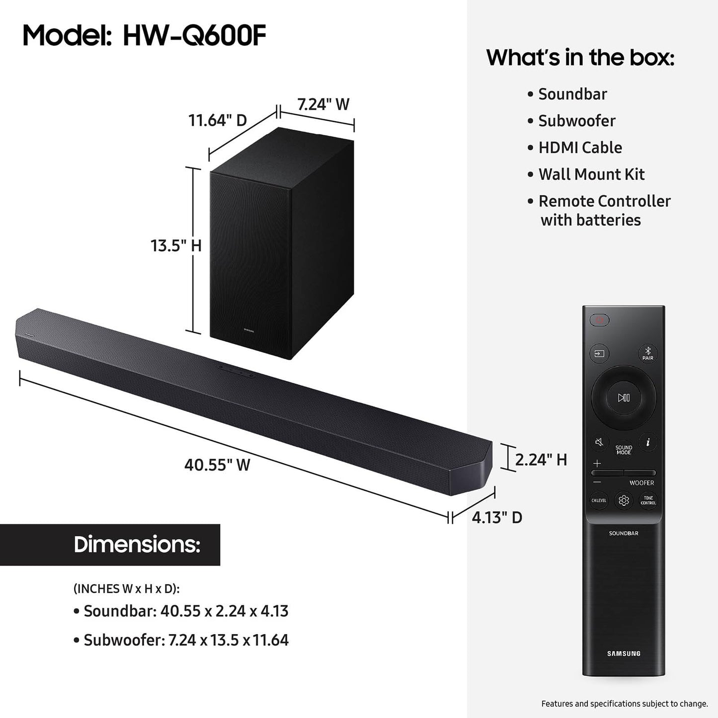 Samsung Q-Series Soundbar HW-Q600F 3.1.2ch with Wireless Subwoofer, Dolby Atmos/DTS Virtual:X, Q-Symphony, SpaceFit Sound Pro, Adaptive Sound, Game Mode Pro, Bluetooth, (2025 Model)