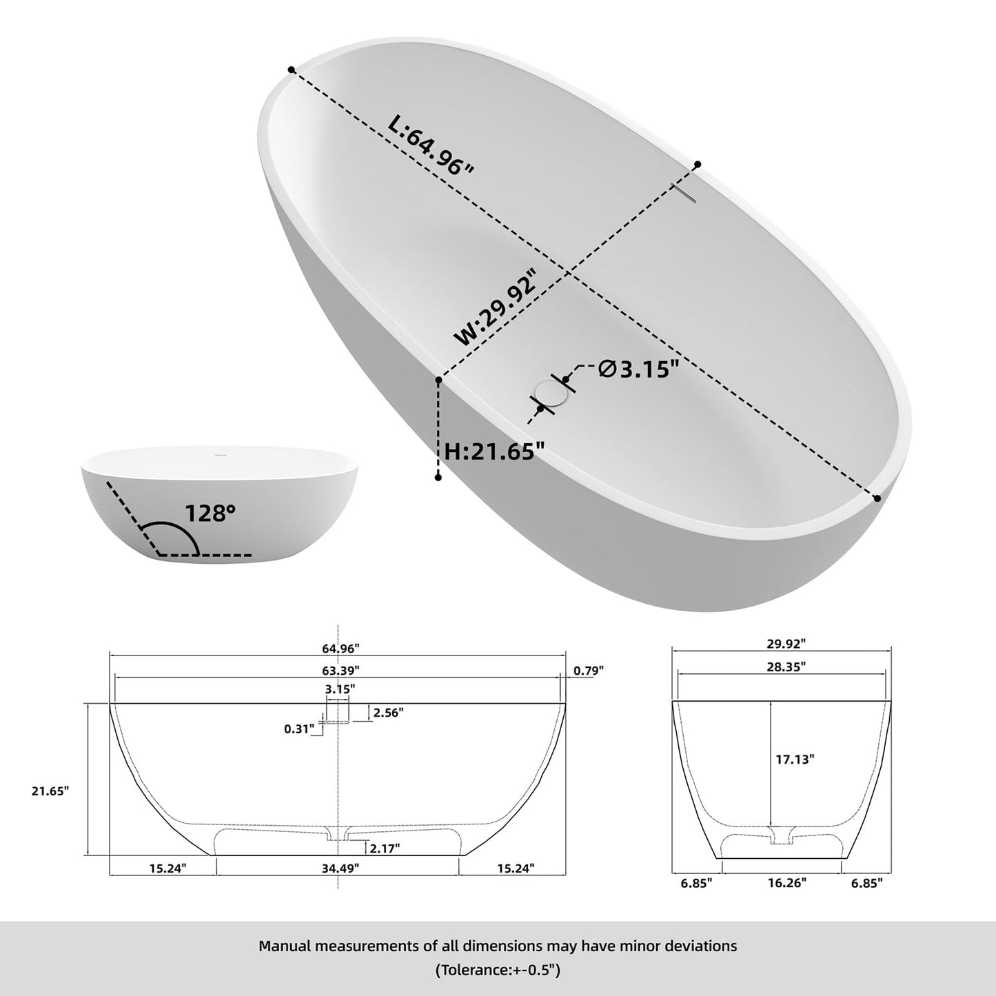 MEDUNJESS 65'' Freestanding Bathtub Resin Stone Soaking Freestanding Tubs Matte Solid Surface Flatbottom Tub with Overflow and Pop-up Drain - White…