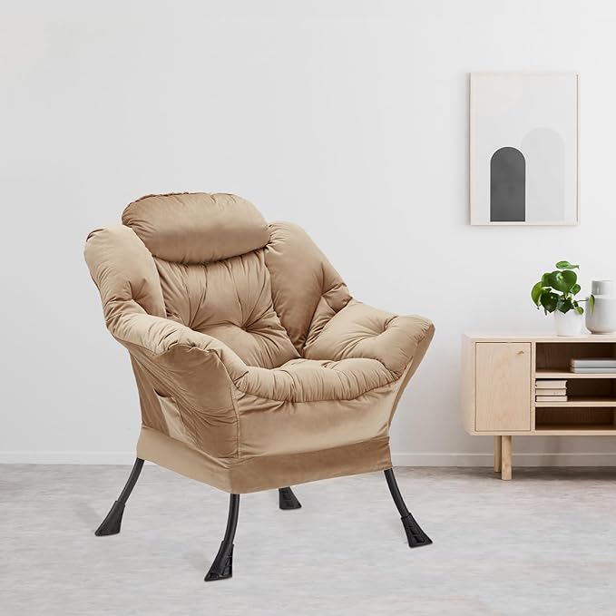 Youtanic Lazy Chair Thick Padded, Comfy Velvet Accent Lounge Chair with Stable Frame, Leisure Sofa Armchair with Armrests and Side Pocket, Reading Chair for Bedroom, Living Room, Office, Khaki