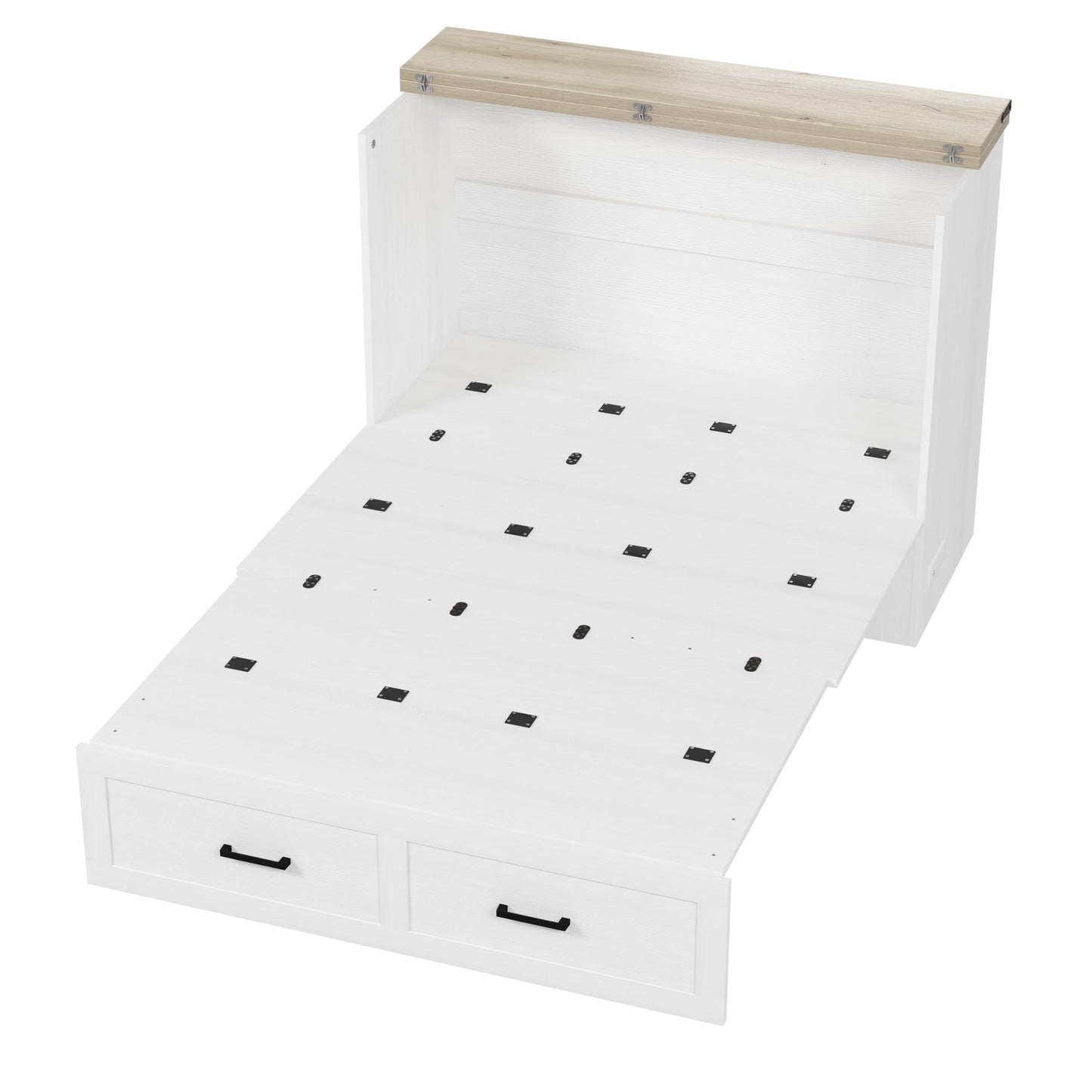 DNYN Farmhouse Murphy Cabinet Bed with Large Storage Drawer for Bedroom/Guest Room, Full-Size Foldable Wall Bed Frame with Charging Station, Space-Saving Design & No Box Spring Needed