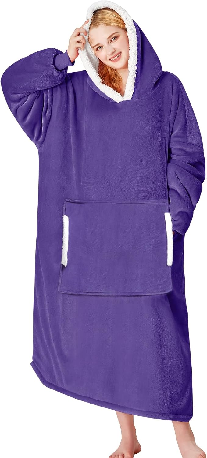 yescool Wearable Blanket Hoodie, Flannel Sherpa Fleece Blanket Sweatshirt for Adults Women Men,One Size Fits All