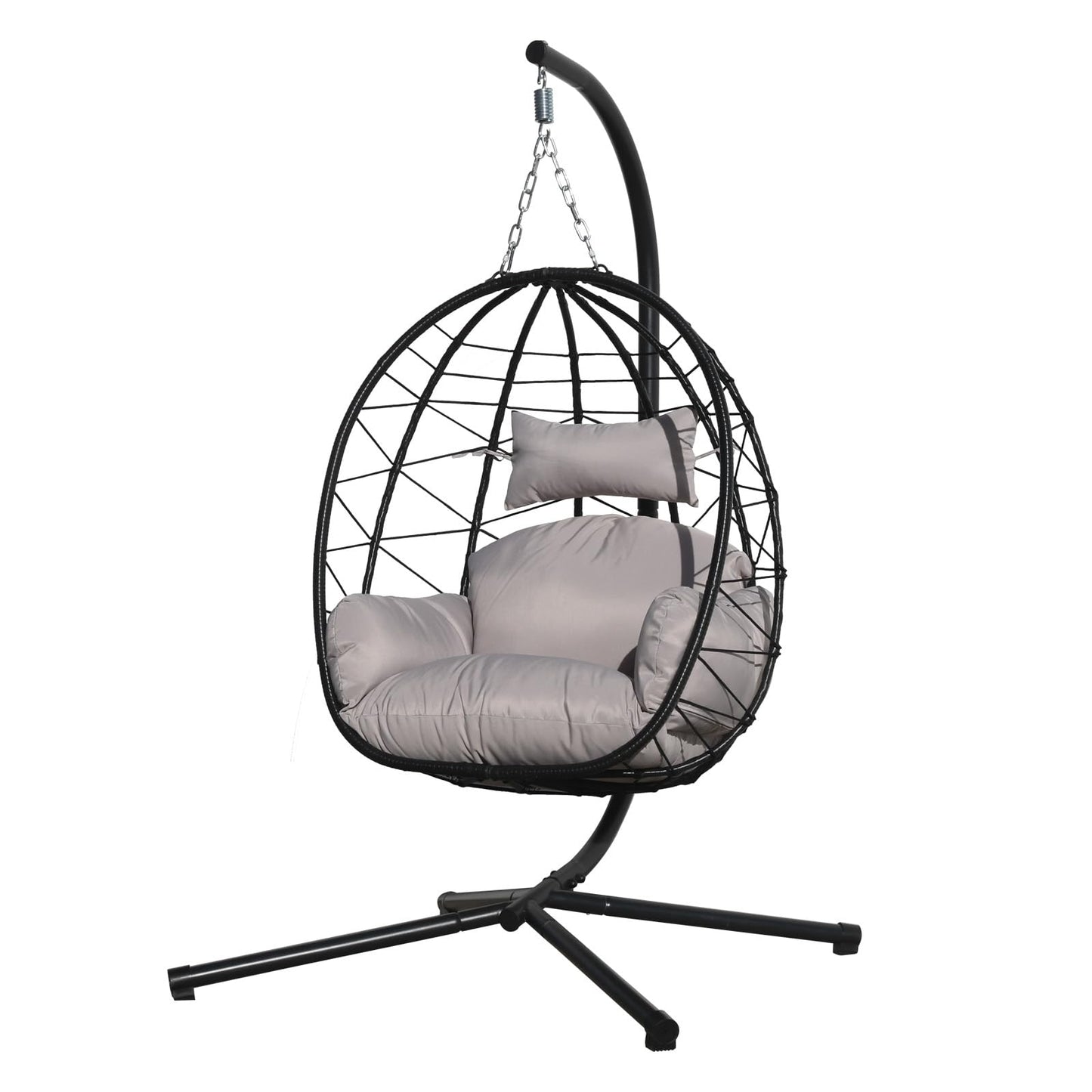 Egg Chair with Stand, Uv-Proof Pe Wicker Hanging Chair for Outdoor Patio, Cushioned Hammock Swing for Bedroom Garden Indoor/Outdoor, Double-Zipper Structure Hanging Egg Chair (Black and Gray)