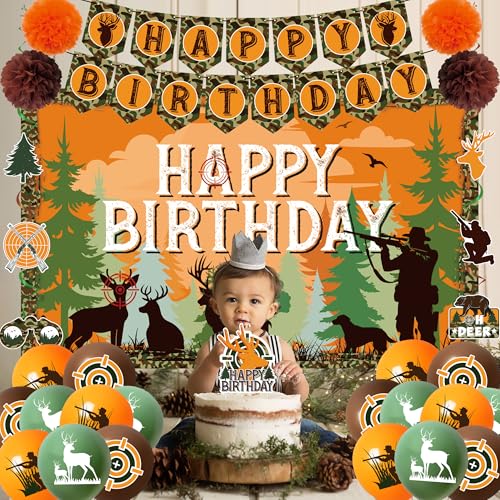 Holkcog Hunting Birthday Decorations, Hunting Deer Party Decorations, Camo Camping Picnic Hunting Birthday Banner Honeycom...