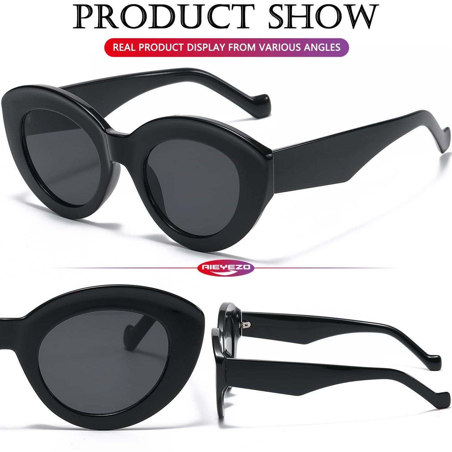 AIEYEZO Oversized Cat Eye Sunglasses for Women Cute Oval Thick Frame Cateye Sun Glasses Chic Retro Style Shades (Black + Green)