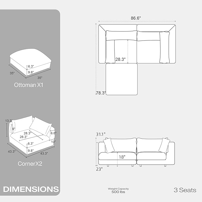 Fajiani Oversized Modular Sectional Sofa,Cloud Couch Deep Seat Sofa Cushion Covers Removable, Oversized Sectional Couches for Living Room (Loveseat+1 Ottoman-Cream White)