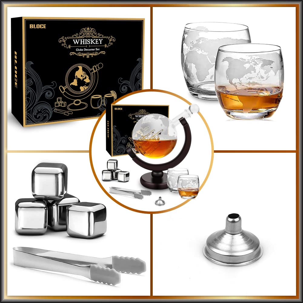 BLOCE Whiskey Decanter Sets for Men with Glasses, Etched World Globe Whiskey Gifts for Dad with 2 Glasses, 4 Ice Cubes Set, Dad Birthday Gift for All Kinds of Alcohol Drinks and Vodka
