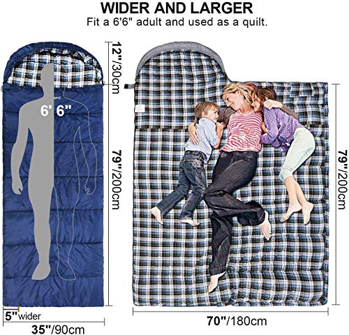 REDCAMP Flannel Sleeping Bag for Adults, Comfortable Cotton Sleeping Bags for Camping with Detachable Hood, Red/Grey/Blue/...