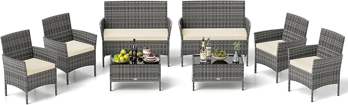 RELAX4LIFE 8-Piece Patio Furniture Set - Rattan Outdoor Conversation Bistro Set w/Cushions, Glass Coffee Table, Wicker Chairs & Loveseat for Pool Garden Backyard Porch Balcony (2, Mix Grey-Beige)