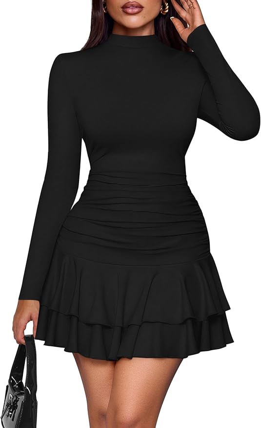 PRETTYGARDEN Womens Spring Long Sleeve Dresses 2026 Mock Neck Ruched Y2K Clothes Ruffle Layered Bodycon Mini Party Dress