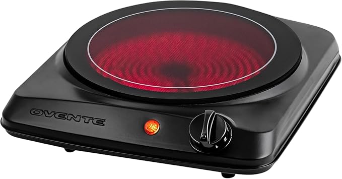 OVENTE Countertop Infrared Single Burner, 1000W Electric Hot Plate with 7” Ceramic Glass Cooktop, 5 Level Temperature Sett...