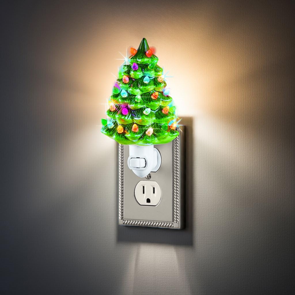 Collections Etc Ceramic Christmas Tree Night Light - 6" H, Nostalgic, Decorative Bathroom Decoration, Green