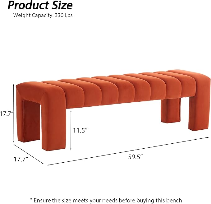 AIITTCC Velvet End of Bed Bench Upholstered Modern 59" Bedroom Bench for King Bed Bench Tufted Window Bench Comfy Long Ottoman for Living Room/Entry/Indoor (Orange, 59" Wide)