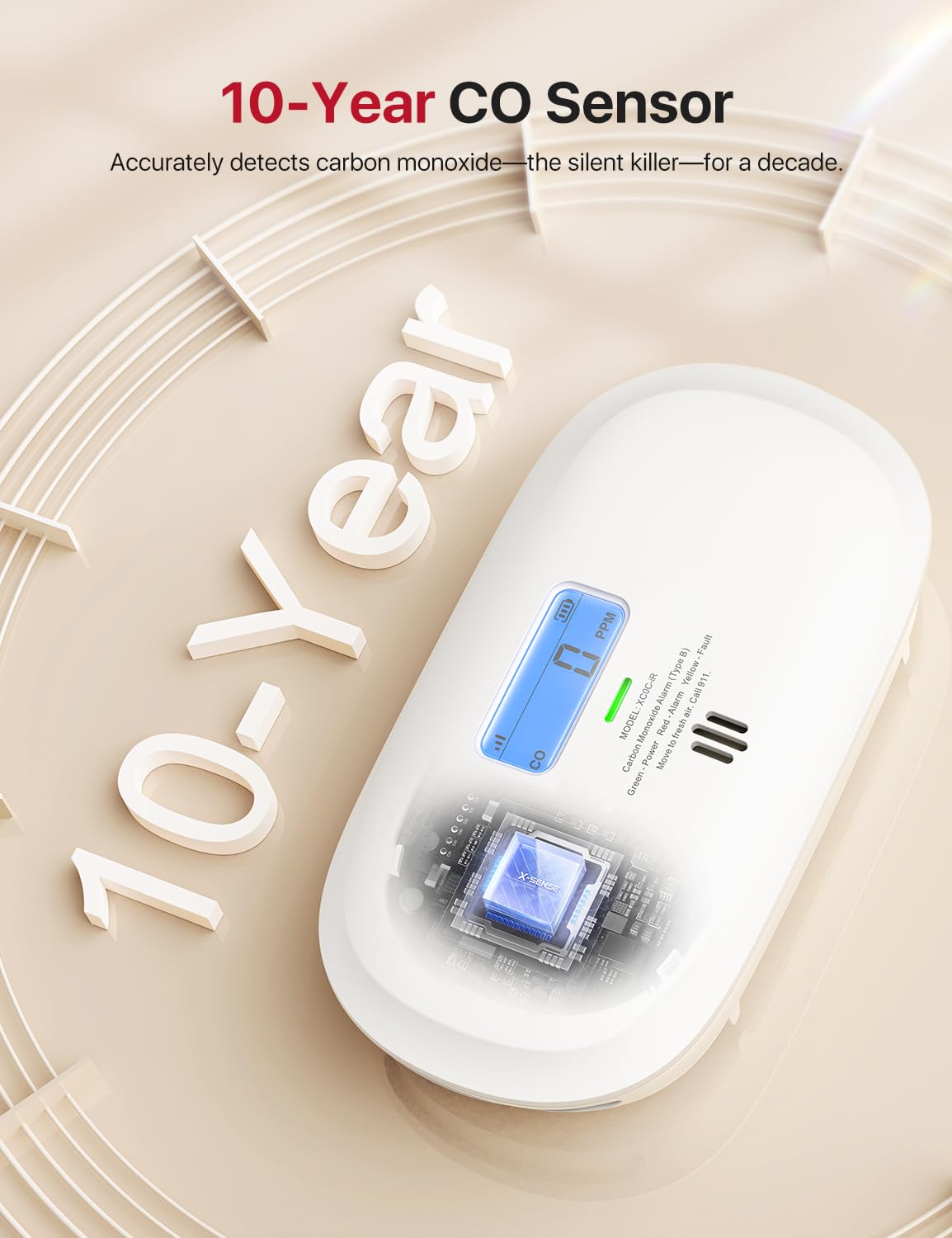 X-Sense Smart Carbon Monoxide Detector XC0C-iR, Silence via App, CO Alarm with LCD Digital Display, Carbon Monoxide Alarm with Replaceable Battery, 1-Pack