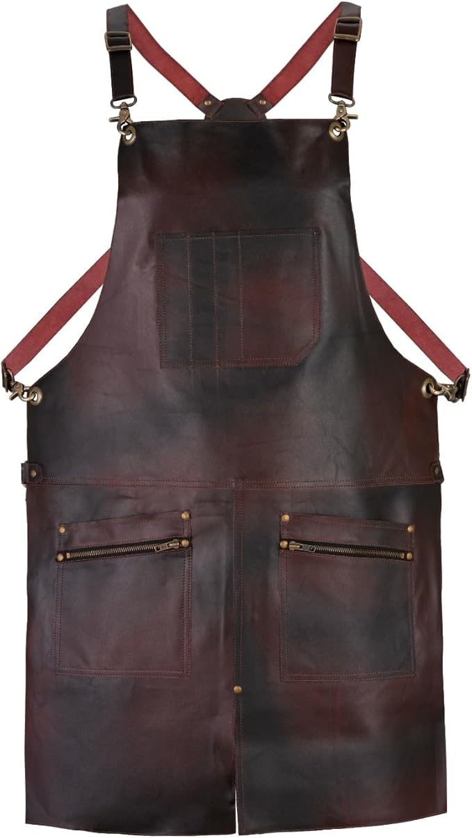 Premium Leather Apron, 2 Zip Pockets, Tool Holder, Split Leg, Unisex, Brown/Black/Green