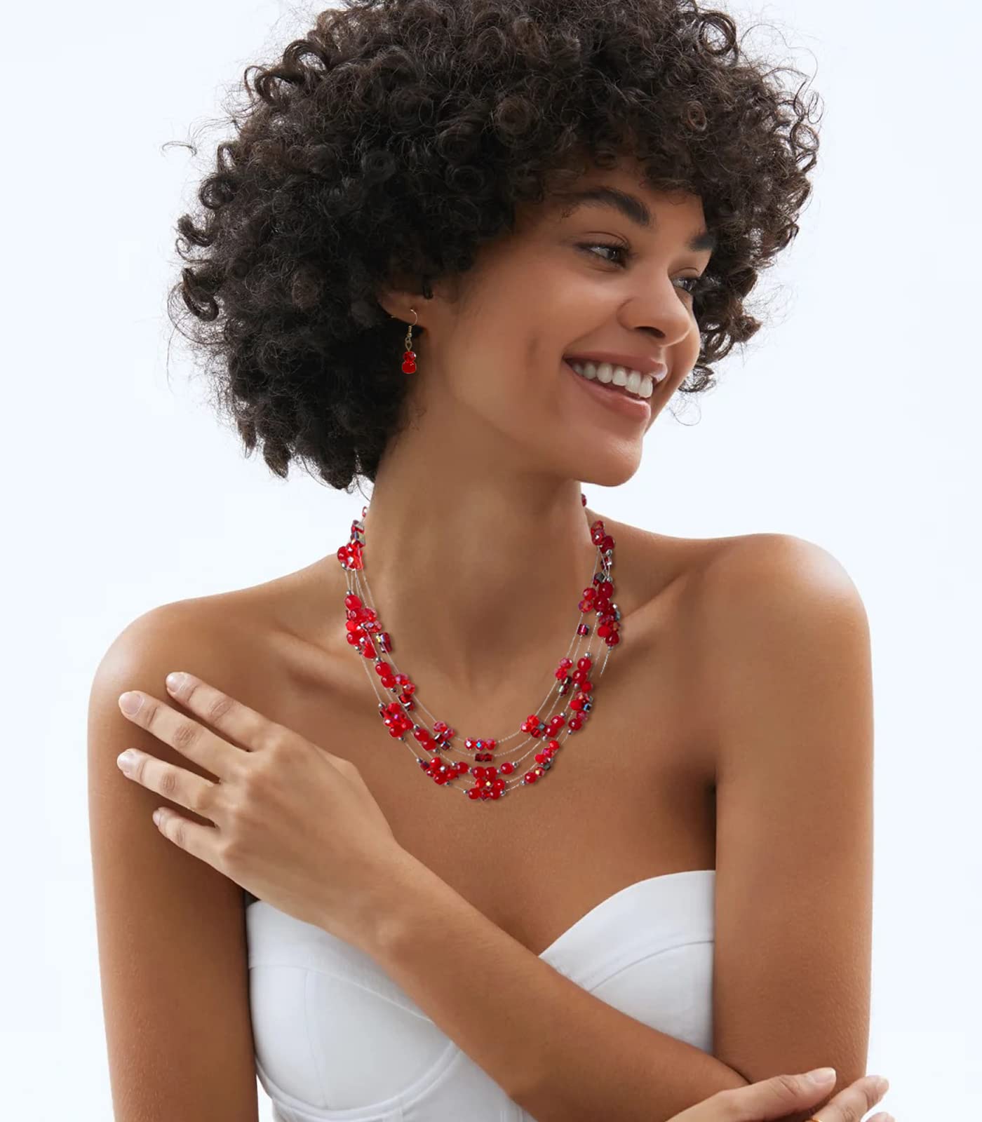 Layered Chunky Statement Necklace for Women Colorful Boho Beaded Necklaces and Earring Set Fashion Costume Jewelry for Women(Red
