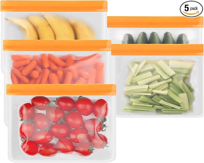 5 Pack Reusable Sandwich Bags, Dishwasher Safe, BPA Free, Leakproof Freezer Bags for Marinate Meats, Veggies, Snacks, Kitchen Storage & Organizer (Orange)