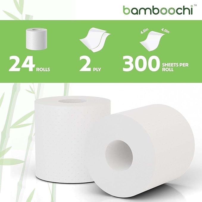 Bamboo Toilet Paper, Septic Safe Toilet Paper 2 Ply 24 Rolls 300 Sheets Per Roll, Soft Unscented Bath Tissue, RV Safe, Eco-Friendly, Non Chlorine, PFAS Free, Made in Canada
