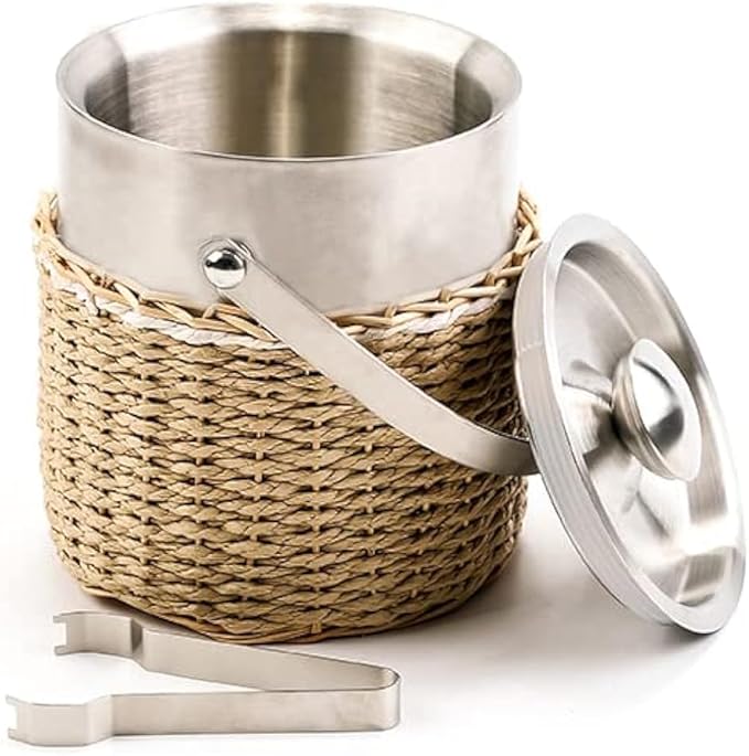 Ice Bucket with Lid, 2 Liter Stainless Steel Insulated Ice Bucket with Wicker Outer Basket Handle Tongs for Party Bar Buffet