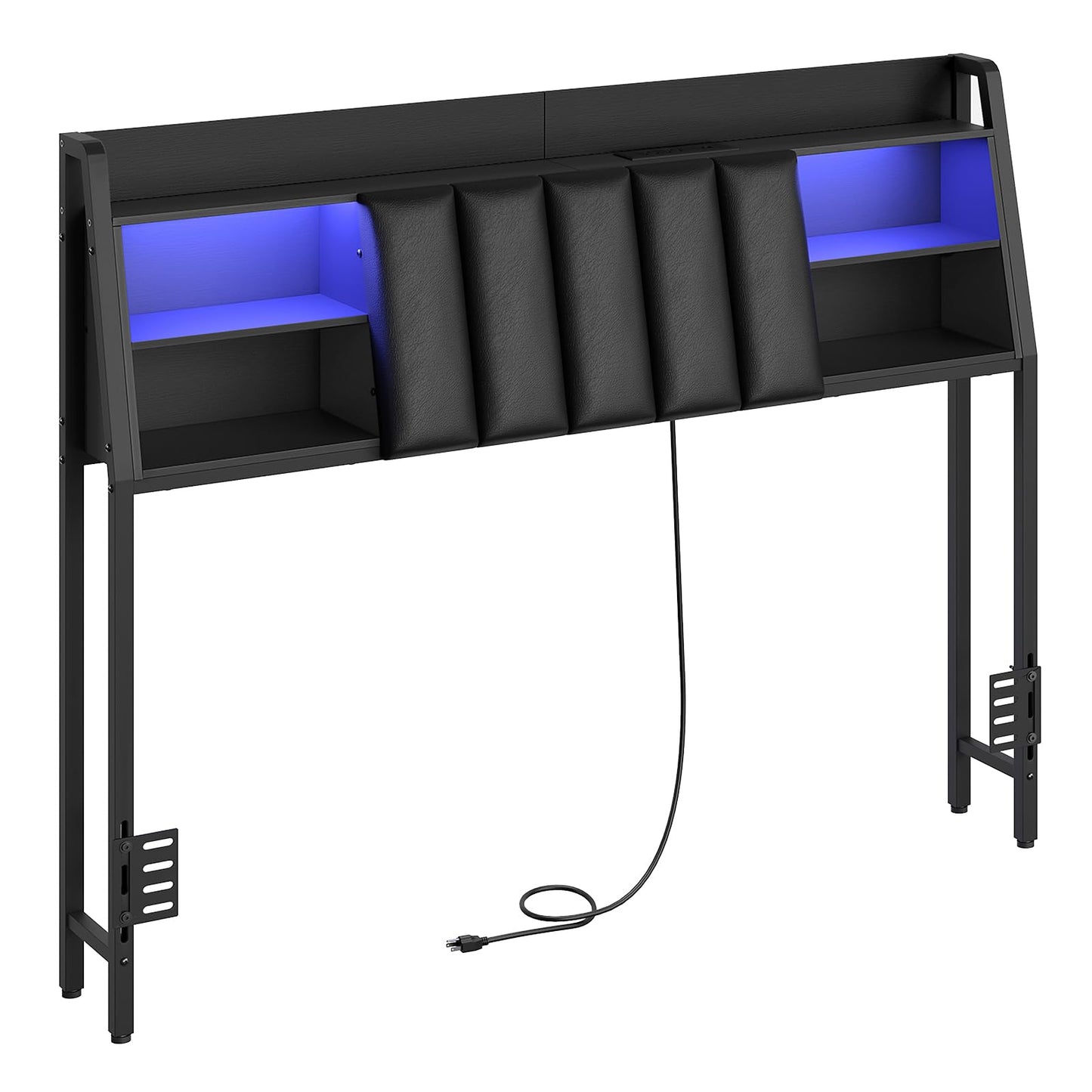 HOOBRO Queen Size Headboard with Storage, Upholstered Headboard with Charging Station and LED Light Strip, Padded Backrest and Open Storage Shelf, Metal Frame Adapter, for Queen Bed Frames, Black