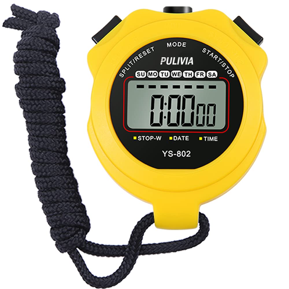 PULIVIA Sports Stopwatch Timer, Single Lap Split Digital Stop Watch for Sports Kids Coaches Swimming Running, Yellow