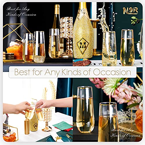 N9R 12PCS Plastic Champagne Flutes, 9 oz Stemless Disposable Gold Rim Toasting Glasses, Crystal Clear Cocktail Cups Drinkw...