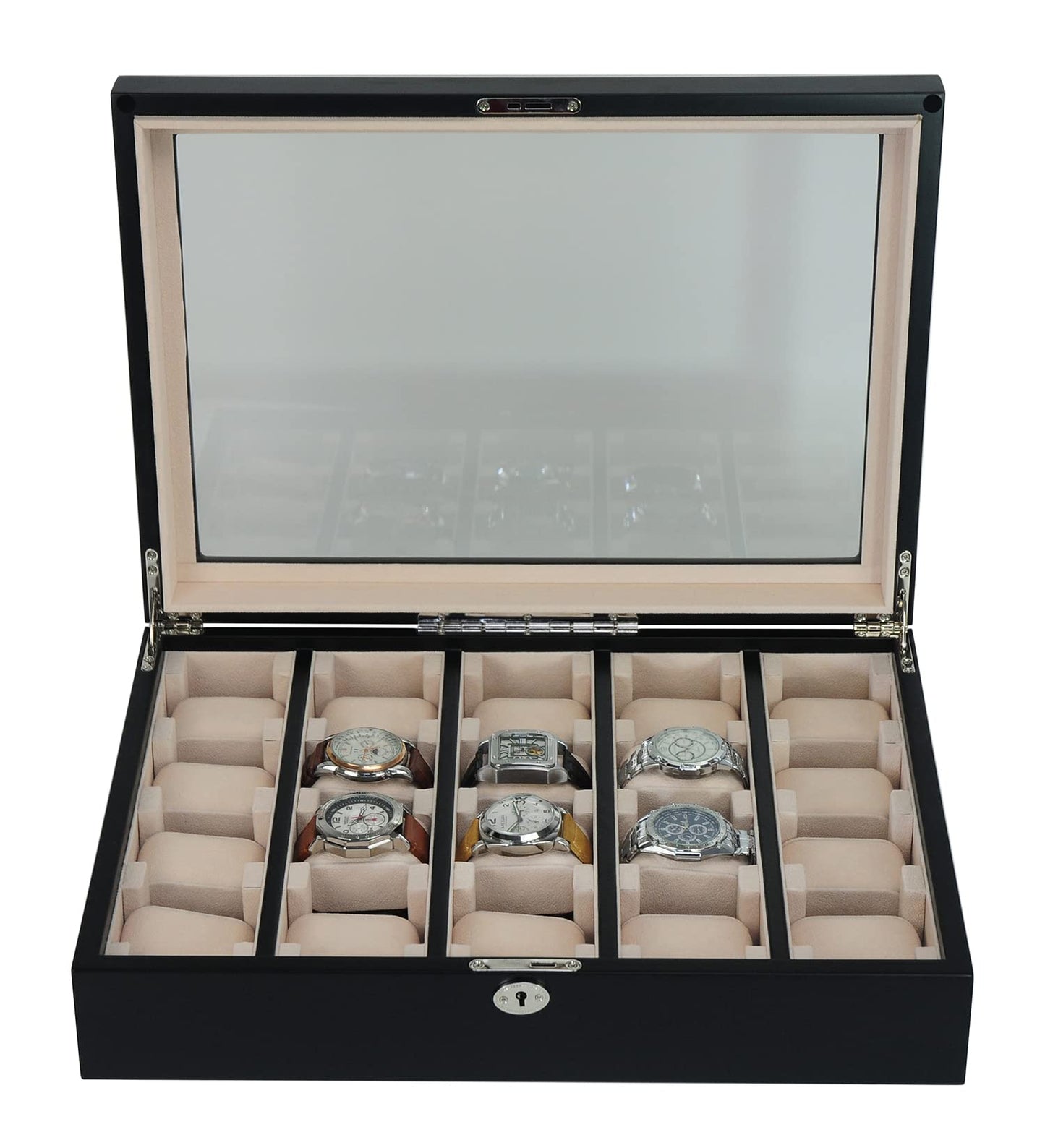 TIMELYBUYS 20 Piece Black Ebony Wood Watch Display Wall Hanging Case and Storage Organizer Box and Stand for Oversized Watches