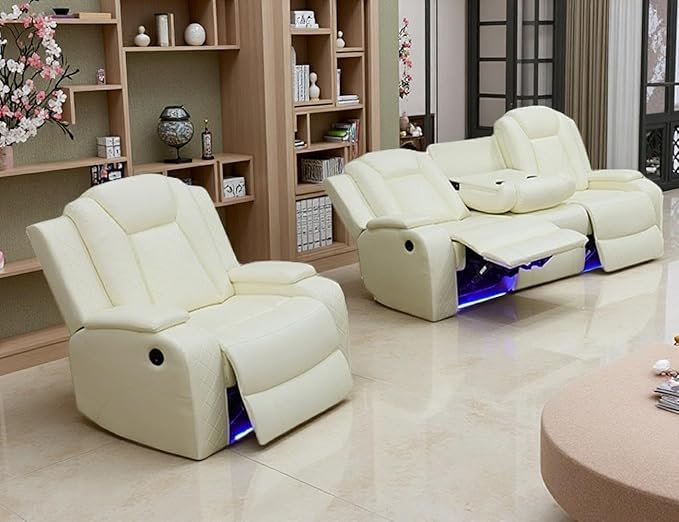 Toseslo Power Recliner Sofa Set with LED Light, Leather Sectional Sofa and Chair Set, Living Room Furniture Sets, Modern Power Reclining Sets with Storage Console for Living Room(Creamy White)