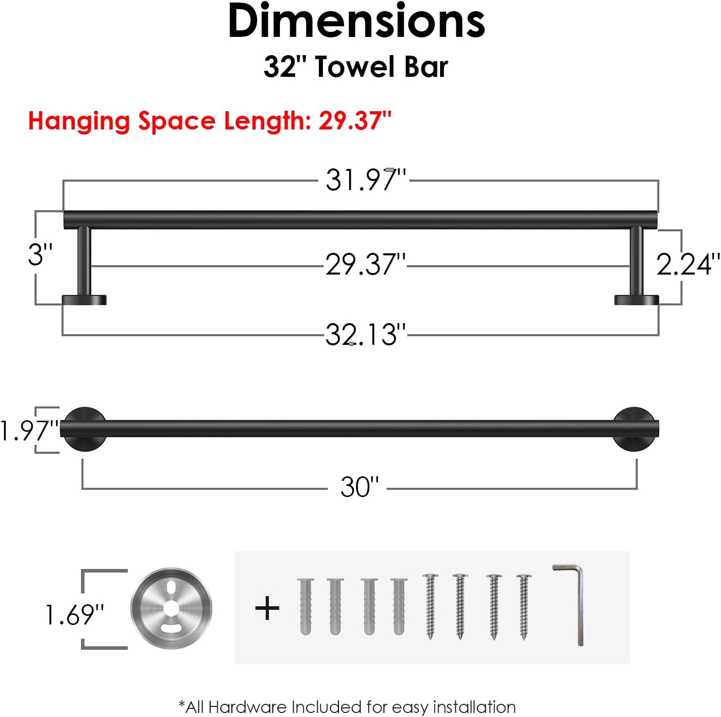 FORIOUS Towel Bar Wall Mounted, Stainless Steel Towel Racks for Bathroom, Includes Wall Mounting Hardware (Matte Black, 32 Inch)