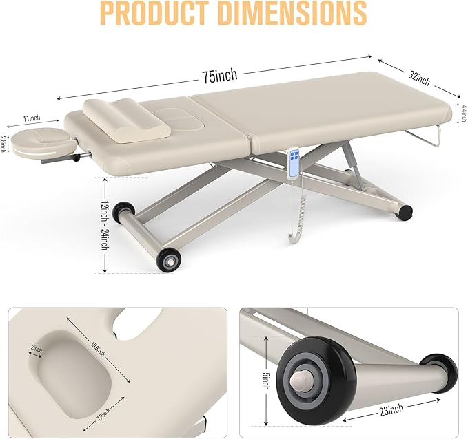 Heavy-Duty Electric Lift Massage Table with Electric Adjustable Backrest and Legs, Wide Physical Therapy Massage Bed with Wheels, Professional Spa Facial Bed, PU Leather, 32'' W × 75'' L
