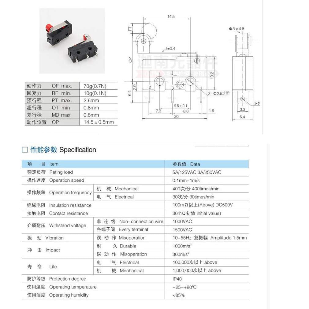 HiLetgo 10pcs Micro Limit Switch KW12-3 AC 250V 5A SPDT 1NO 1NC Micro Switch Normally Open Close Limit Switch with Roller Lever Arm Black