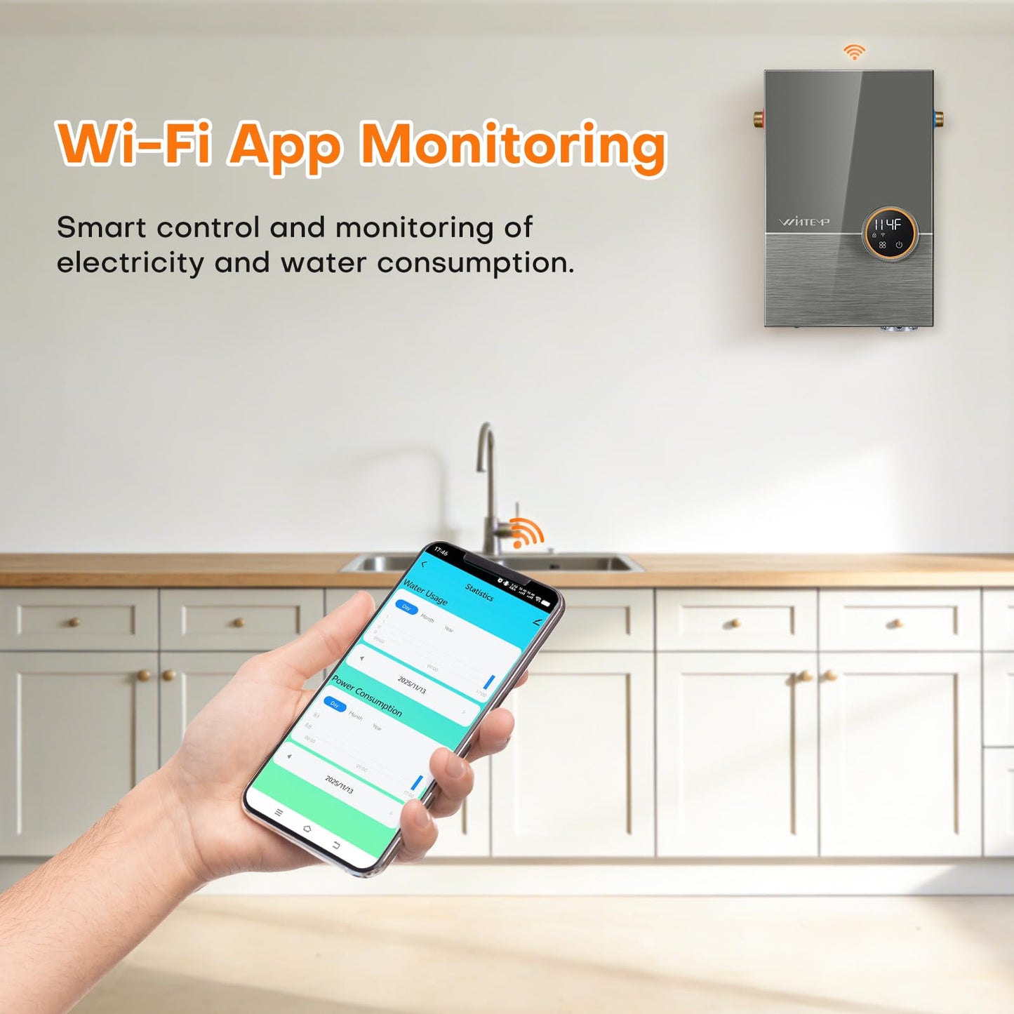 Wintemp Tankless Water Heater Electric 14.4kW, 240 Volt On Demand Instant Hot Water Heater, Within 1℉ Stable Temp, Up to 3.5GPM, WiFi Control, ETL Certified, Eco, WM15