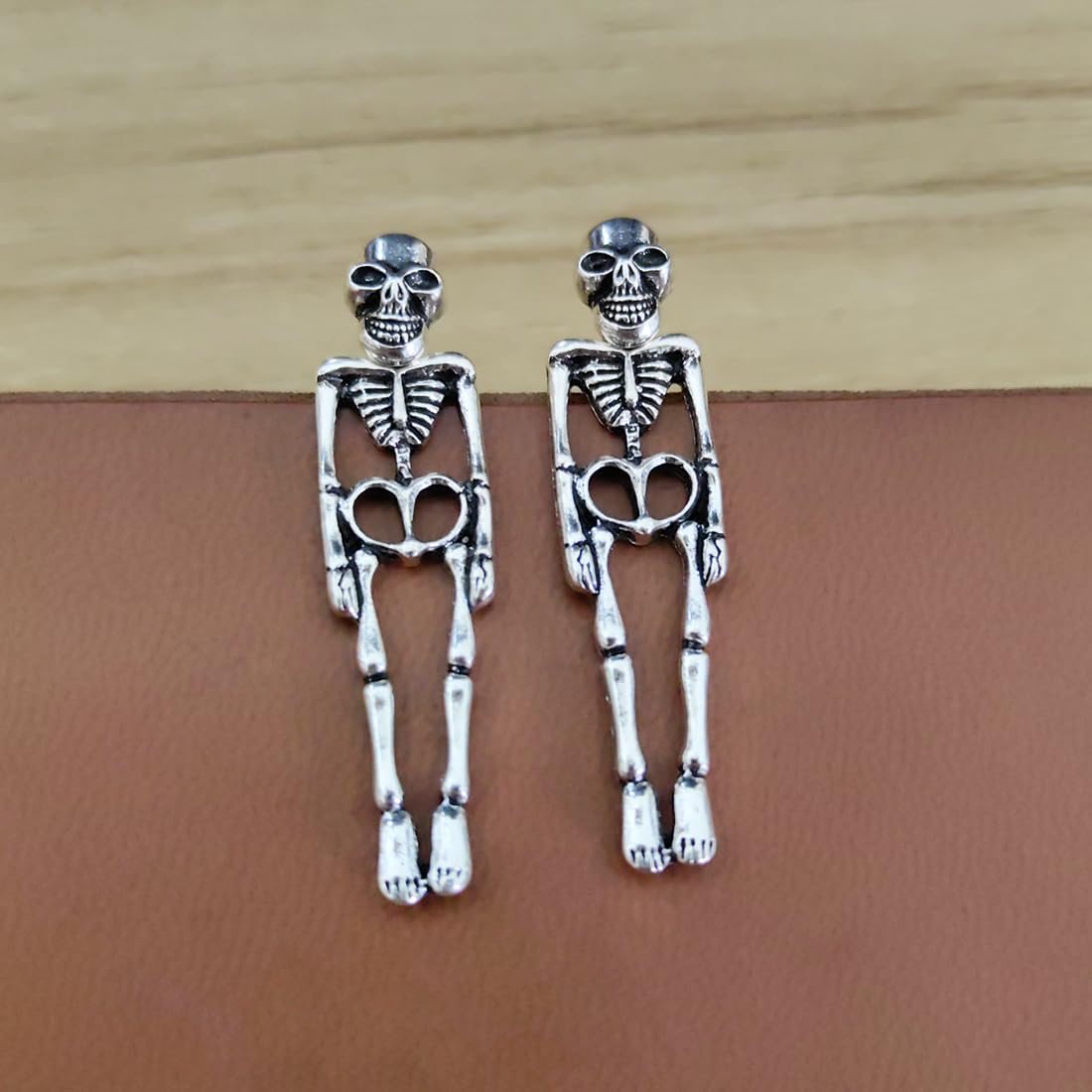 Gothic Skull Earrings Punk Skeleton Groom Bride Front Back Stud Earrings Halloween for Women Girl (Silver)