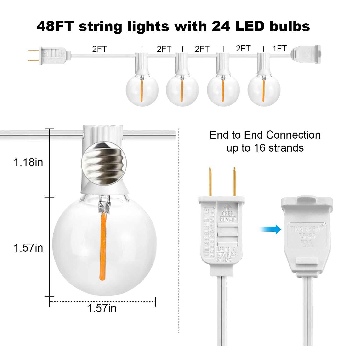 SUNTHIN White Outdoor String Lights, 48FT White Patio Lights with 25 G40 Shatterproof LED Bulbs(1 Spare), Waterproof Hanging Outside Lights for Porch, Deck, Garden, Pergola, Bistro