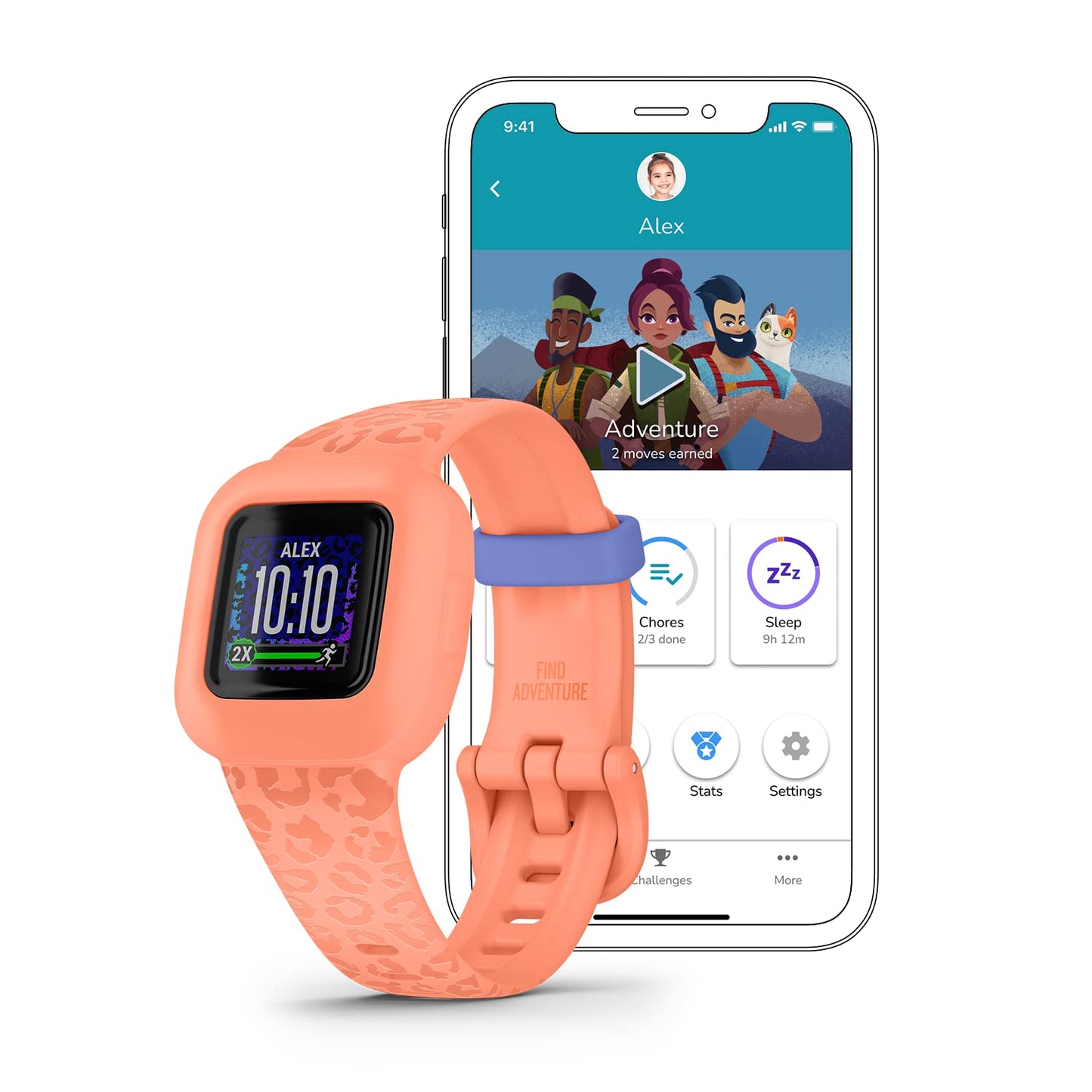 Garmin V  Vofit Jr. 3 Kids Fitness Tracker, Peach Leopard, Up To 1 Year Battery Life, Swim-Friendly, Activity Unlocks Adventure
