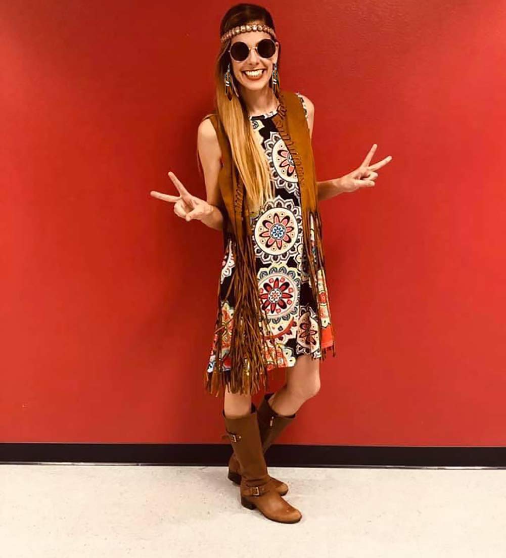 EVISWIY Hippie Costumes Clothes for Women 60s 70s Outfits Women Hippie Vest with Fringe Sleeveless Cardigan Faux Seude Tassels Vest Set (X-Large) Beige