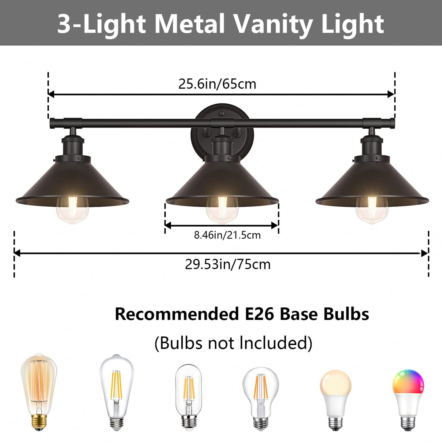 Licperron 3-Light Black Bathroom Vanity Light Fixtures Over Mirror, Farmhouse Vanity Wall Sconce Lighting with Metal Shade, Indoor Wall Mounted Lamp for Bathroom Mirror Cabinet Living Room