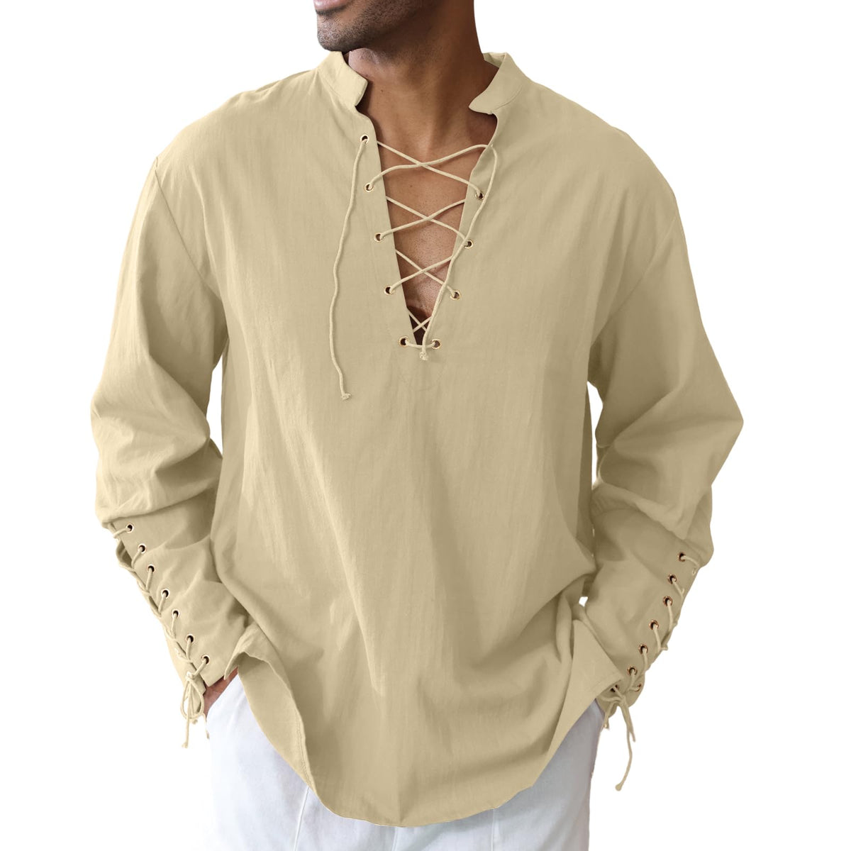 Men's Cotton Linen Shirt Drawstring Arm Banded Tops Medieval Viking Pirate Renaissance Halloween Costume KHAKI M